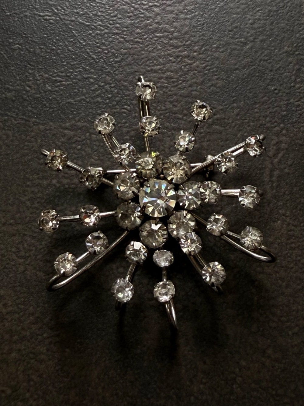 Vintage Silver Starburst Rhinestone Brooch Bar Pin